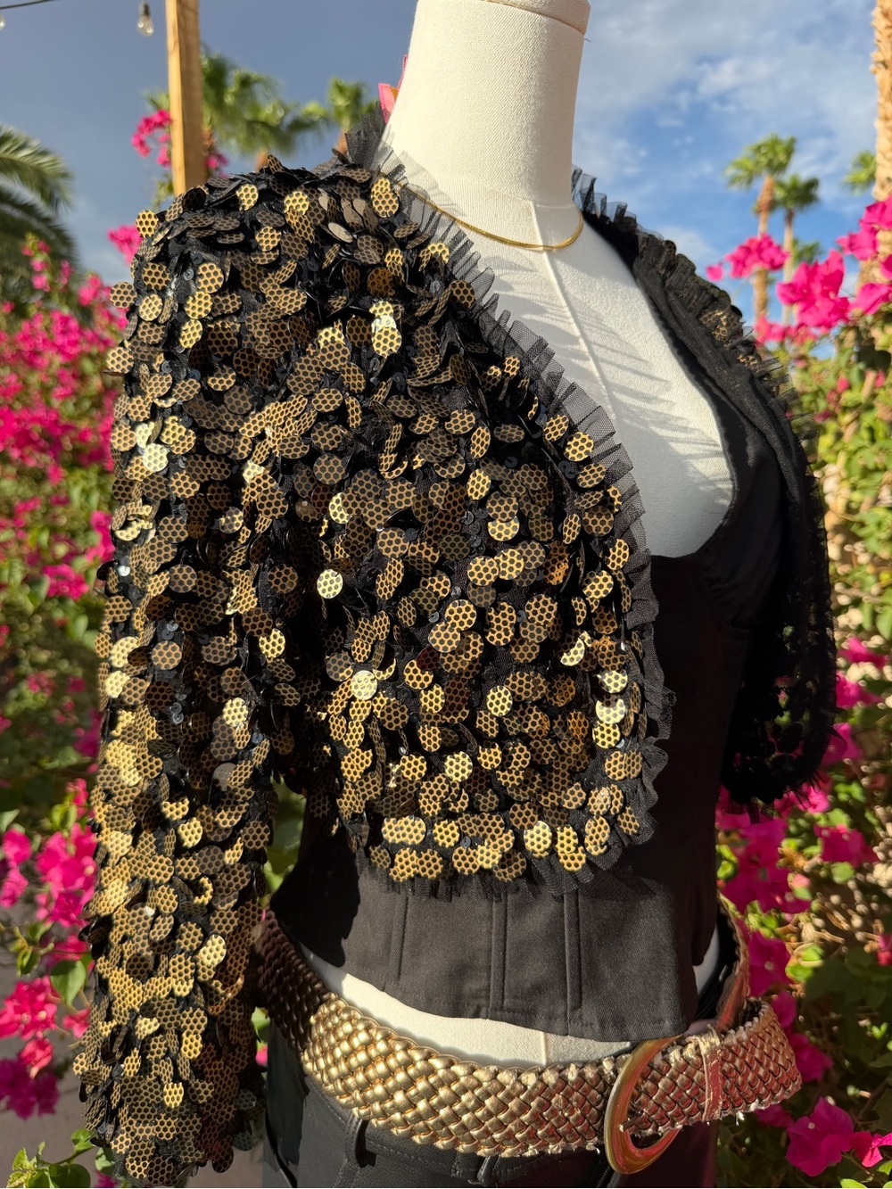 Betsey Johnson Black Sequin Bolero Jacket with Gold Accents